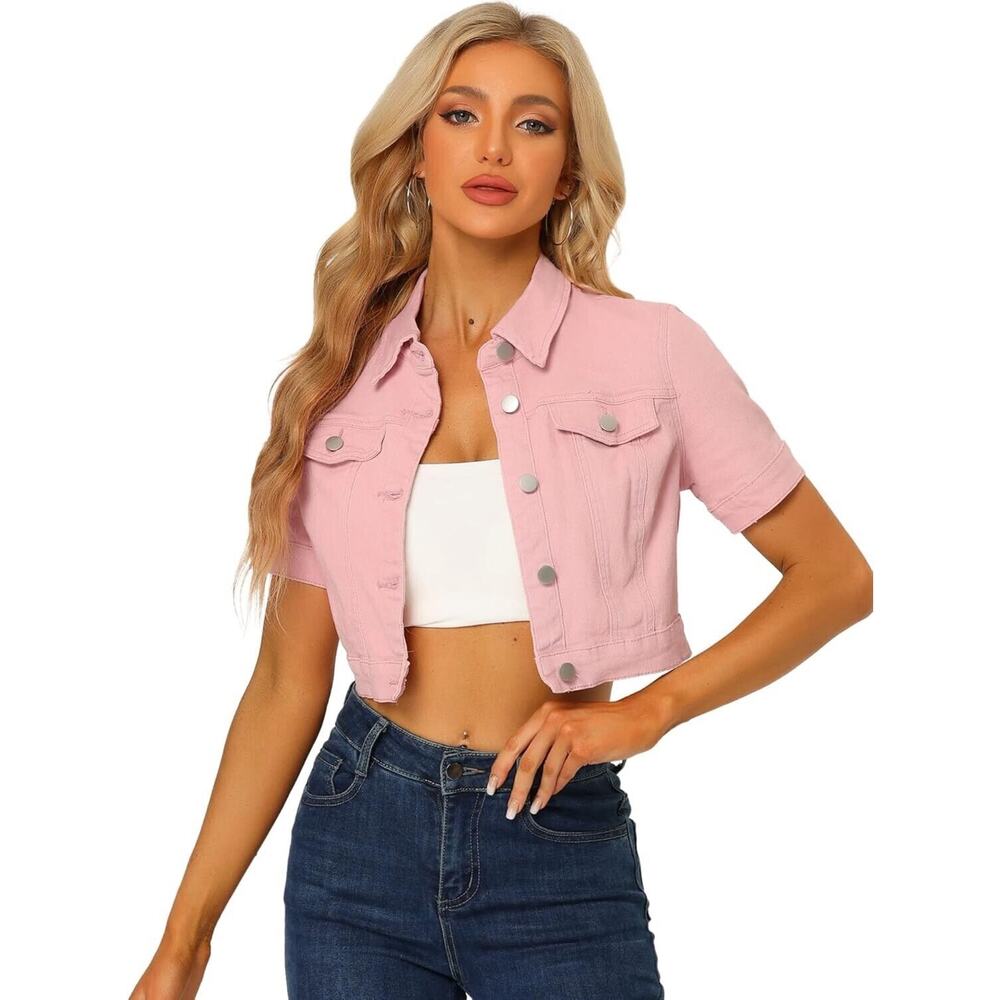 Women's Denim Crop Jackets Button Down Blush Pink Jean Jacket NWT